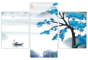 Tablou - Pictură, lac cu barcă (90x60 cm)