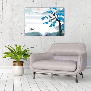 Tablou - Pictură, lac cu barcă (70x50 cm)