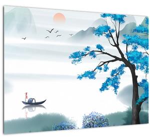Tablou - Pictură, lac cu barcă (70x50 cm)