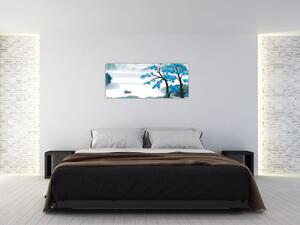 Tablou - Pictură, lac cu barcă (120x50 cm)