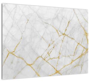 Tablou pe sticlă - Marmură alb- auriu (70x50 cm)