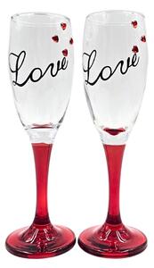 Set 2 pahare, de șampanie, cu inimioare, bază roșie, mesaj Love, 20 cm