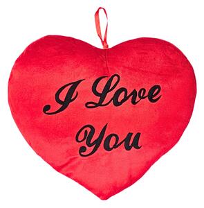 Pernă inimă roșie, din pluș, cu mesajul I Love You, 35 cm