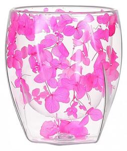 Pahar din sticlă, pereți dubli, flori uscate, hortensie roz, 250 ml