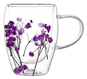 Cană cu flori uscate mov, pereți dubli, sticlă borosilicată, 300 ml