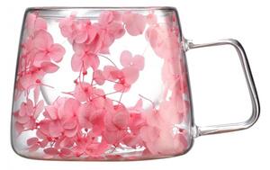 Cană cu flori uscate roz, pereți dubli, sticlă borosilicată, izolare termică, hortensie, 180 ml