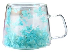 Cană cu flori uscate, pereți dubli, sticlă borosilicată, izolare termică, hortensie, turcoaz, 100 ml