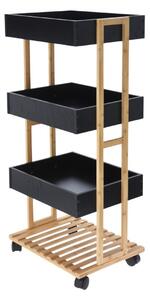 Cărucior de Depozitare cu 3 Rafturi – Structură din Bambus și Tăvi MDF Negre – Mobil cu Roți – 87,5 x 40 x 30 cm