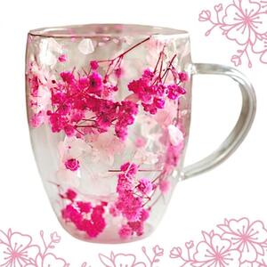 Cană cu flori uscate gypsophila roz, pereți dubli, sticlă borosilicată, 300 ml, SZK149
