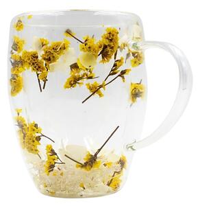 Cană cu flori uscate statice yellow, pereți dubli, sticlă borosilicată, 350 ml, SZK103