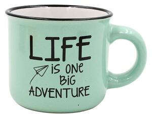 Cană cafea espresso Nekupto 80 ml, ceramică, gri, mesajul „LIFE IS ONE BIG ADVENTURE”