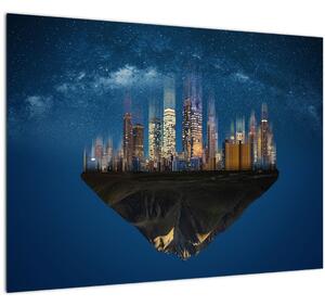 Tablou pe sticlă - Metropola plutind în spațiu (70x50 cm)