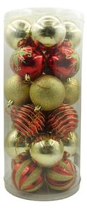 Set de 24 ornamente de brad, Tahagov, de tip Glob, Rosu/ Auriu, cu ø de 7 cm, din plastic, cu finisaj sclipitor , cutie 16 cm lungime x 36 cm inaltime x 16 cm adancime