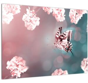 Tablou pe sticlă - Fluture între flori (70x50 cm)