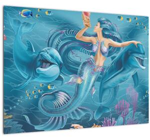 Tablou pe sticlă - Sirenă cu delfini (70x50 cm)