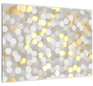Tablou pe sticlă - Hexagoane alb - auriu (70x50 cm)