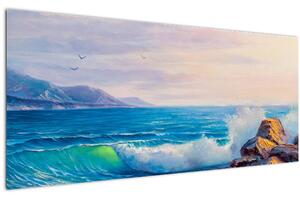 Tablou - Valuri lovind stânci, pictură în ulei (120x50 cm)