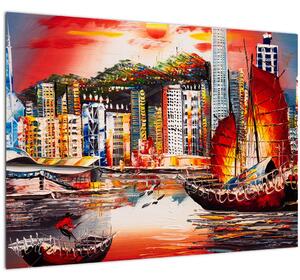 Tablou pe sticlă - Victoria Harbour, Hong Kong, pictură în ulei (70x50 cm)