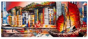 Tablou - Victoria Harbour, Hong Kong, pictură în ulei (120x50 cm)