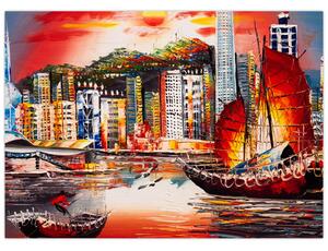 Tablou - Victoria Harbour, Hong Kong, pictură în ulei (70x50 cm)