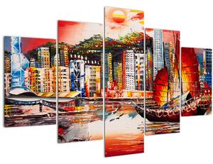 Tablou - Victoria Harbour, Hong Kong, pictură în ulei (150x105 cm)