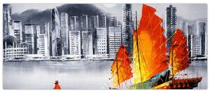 Tablou - Victoria Harbour, Hong Kong, pictură în ulei alb- negru (120x50 cm)