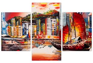 Tablou - Victoria Harbour, Hong Kong, pictură în ulei (90x60 cm)