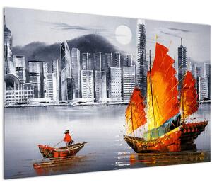 Tablou - Victoria Harbour, Hong Kong, pictură în ulei alb- negru (90x60 cm)