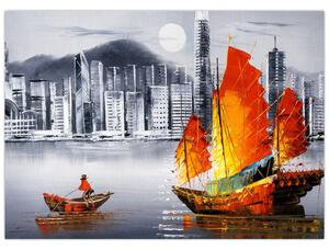 Tablou pe sticlă - Victoria Harbour, Hong Kong, pictură în ulei alb- negru (70x50 cm)