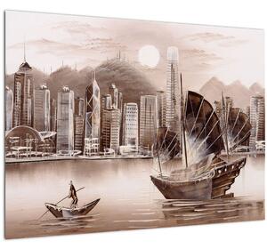 Tablou - Victoria Harbour, Hong Kong, efect sepia (70x50 cm)