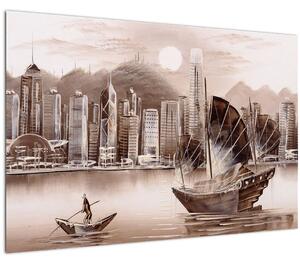 Tablou - Victoria Harbour, Hong Kong, efect sepia (90x60 cm)