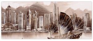Tablou - Victoria Harbour, Hong Kong, efect sepia (120x50 cm)