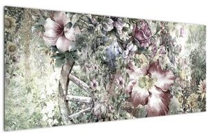 Tablou - Flori pe roata de lemn (120x50 cm)