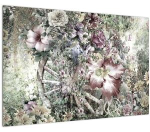 Tablou - Flori pe roata de lemn (90x60 cm)