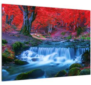 Tablou pe sticlă - Cascada în pădurea roșie (70x50 cm)