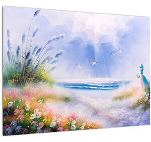Tablou pe sticlă - Plaja romantică, pictură în ulei (70x50 cm)