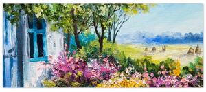 Tablou - Grădina din fața casei, pictură în ulei (120x50 cm)