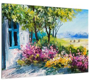 Tablou pe sticlă - Grădina din fața casei, pictură în ulei (70x50 cm)
