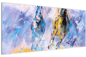 Tablou - Caii alergând, pictură în ulei (120x50 cm)