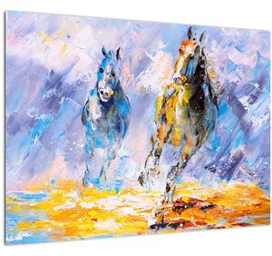 Tablou pe sticlă - Caii alergând, pictură în ulei (70x50 cm)