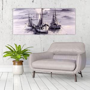 Tablou - Port marin, pictură în ulei (120x50 cm)