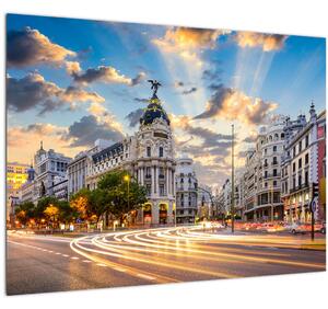 Tablou pe sticlă - Calle Gran Vía, Madrid, Spania (70x50 cm)
