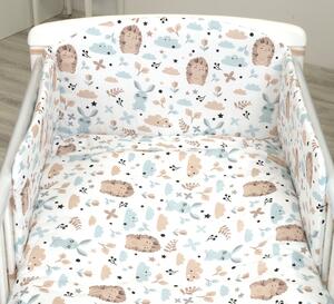 Set lenjerie din bumbac cu protectie laterala pentru pat bebe 120 x 60 cm, Iepuras Blue, Amy
