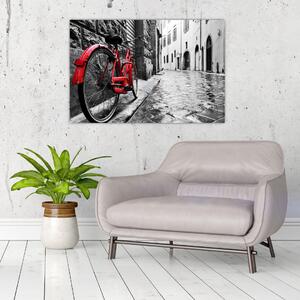 Tablou - Bicicleta roșie pe o stradă pavată (90x60 cm)