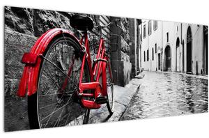 Tablou - Bicicleta roșie pe o stradă pavată (120x50 cm)