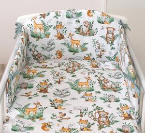 Set lenjerie din bumbac cu protectie laterala pentru pat bebe 120 x 60 cm, Animalute de padure, Amy