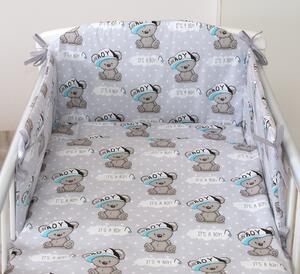 Set lenjerie din bumbac cu protectie laterala pentru pat bebe 120 x 60 cm, It s a boy! , Amy