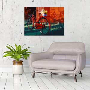 Tablou pe sticlă - Bicicleta roșie, pictură acrilică (70x50 cm)
