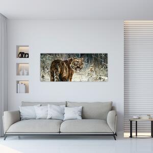 Tablou - Tigru într-o pădure înzăpezită, pictură în ulei (120x50 cm)