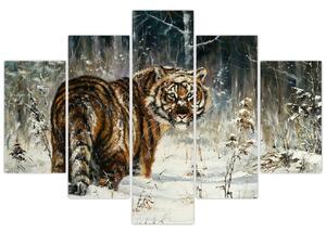 Tablou - Tigru într-o pădure înzăpezită, pictură în ulei (150x105 cm)